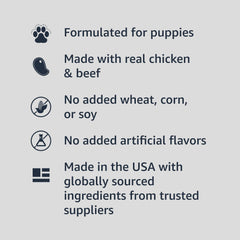 Conserve amazon-basics pour chiot, poulet et boeuf, sans blé, maïs ni soja ajoutés.
