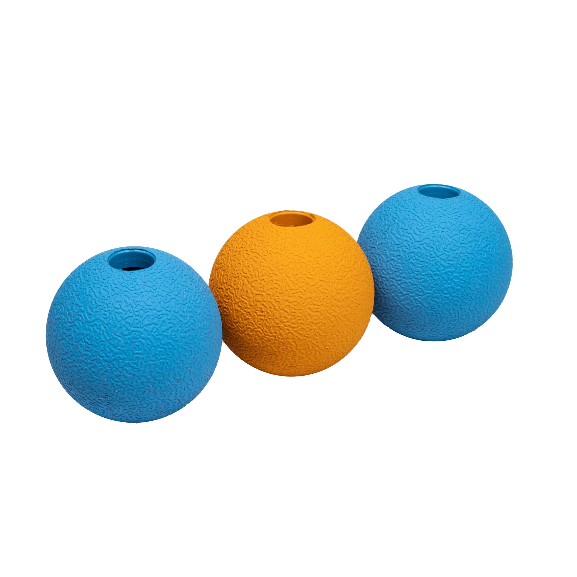 Amazon Basics balles caoutchouc: vue generale du pack de 3 pour fetch et amusement.