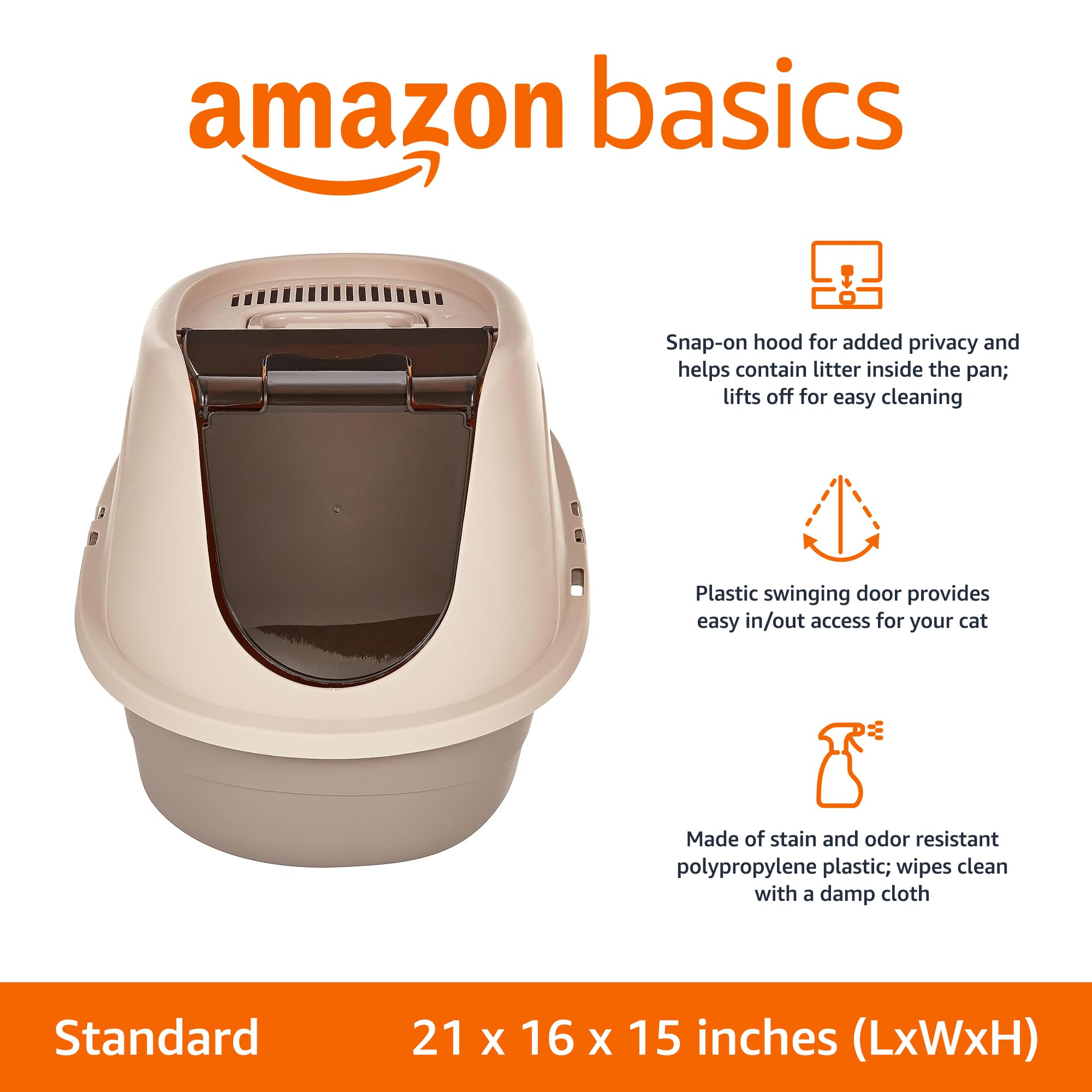 Boîte-litière Amazon Basics avec filtre carbone préinstallé pour contrôle des odeurs.