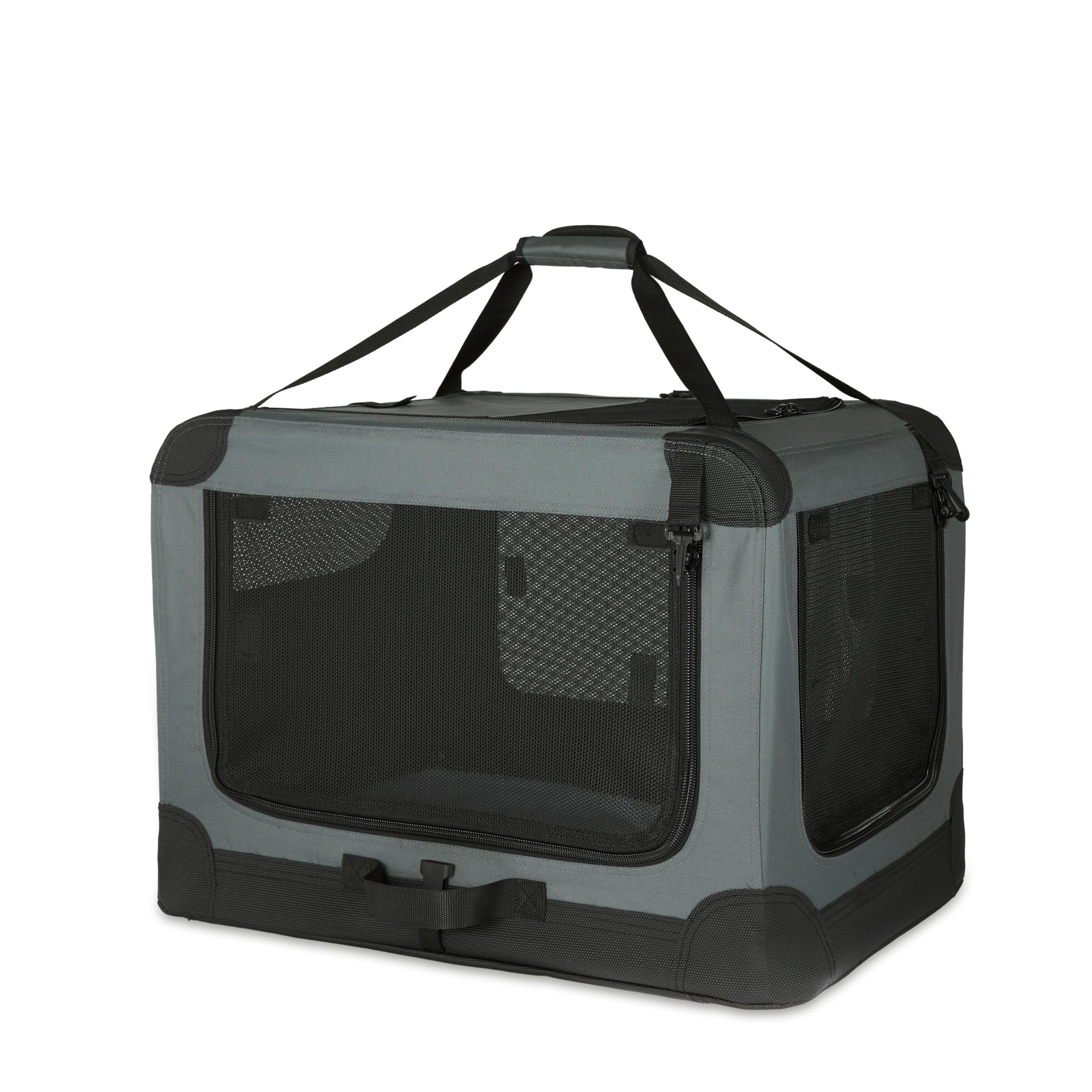 Amazon Basics boite-voyage animaux quatre-portes ouverte, pratique pour les trajets.