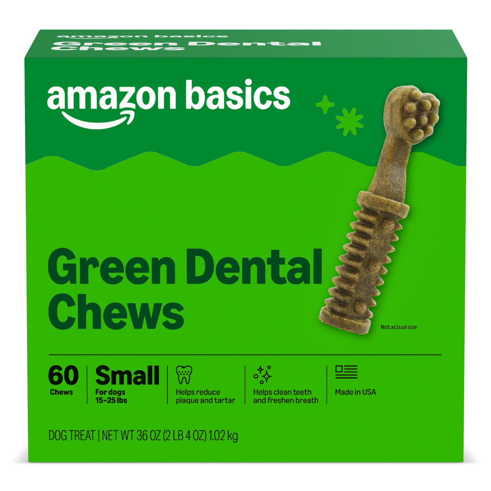 Bouchées dentaires Amazon Basics pour petits chiens montrant leur texture nettoyante.