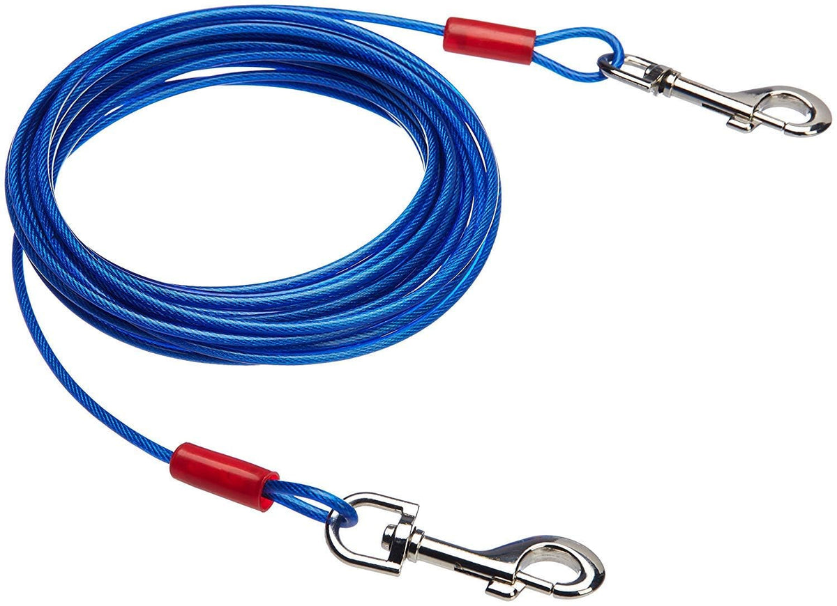 Amazon Basics câble tie-out pour chien bleu de 25 pieds, léger et robuste.