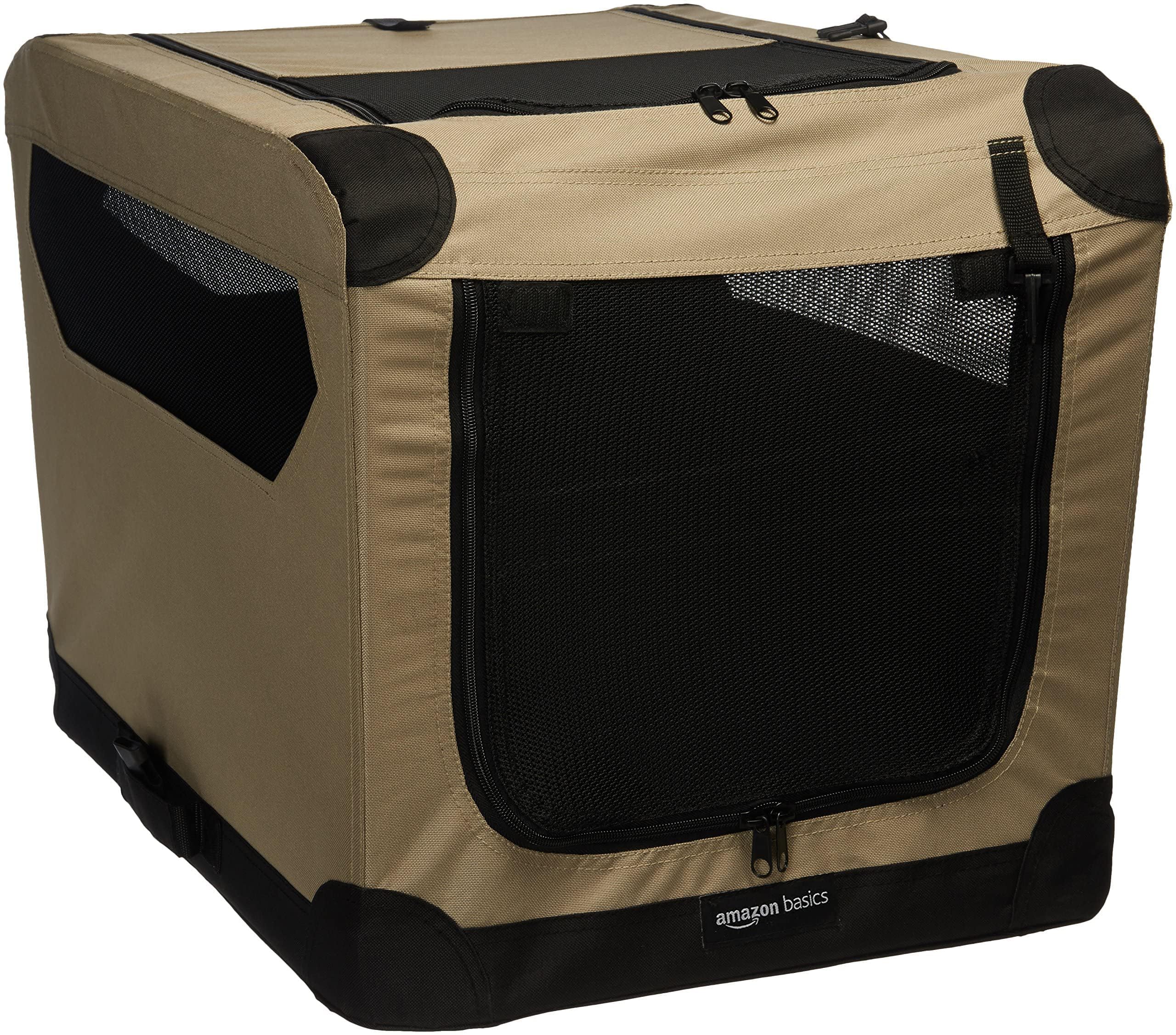 Amazon Basics cage-chien-en-tissu-doux pliable 2 portes haut et avant, chargement rapide en voyage.