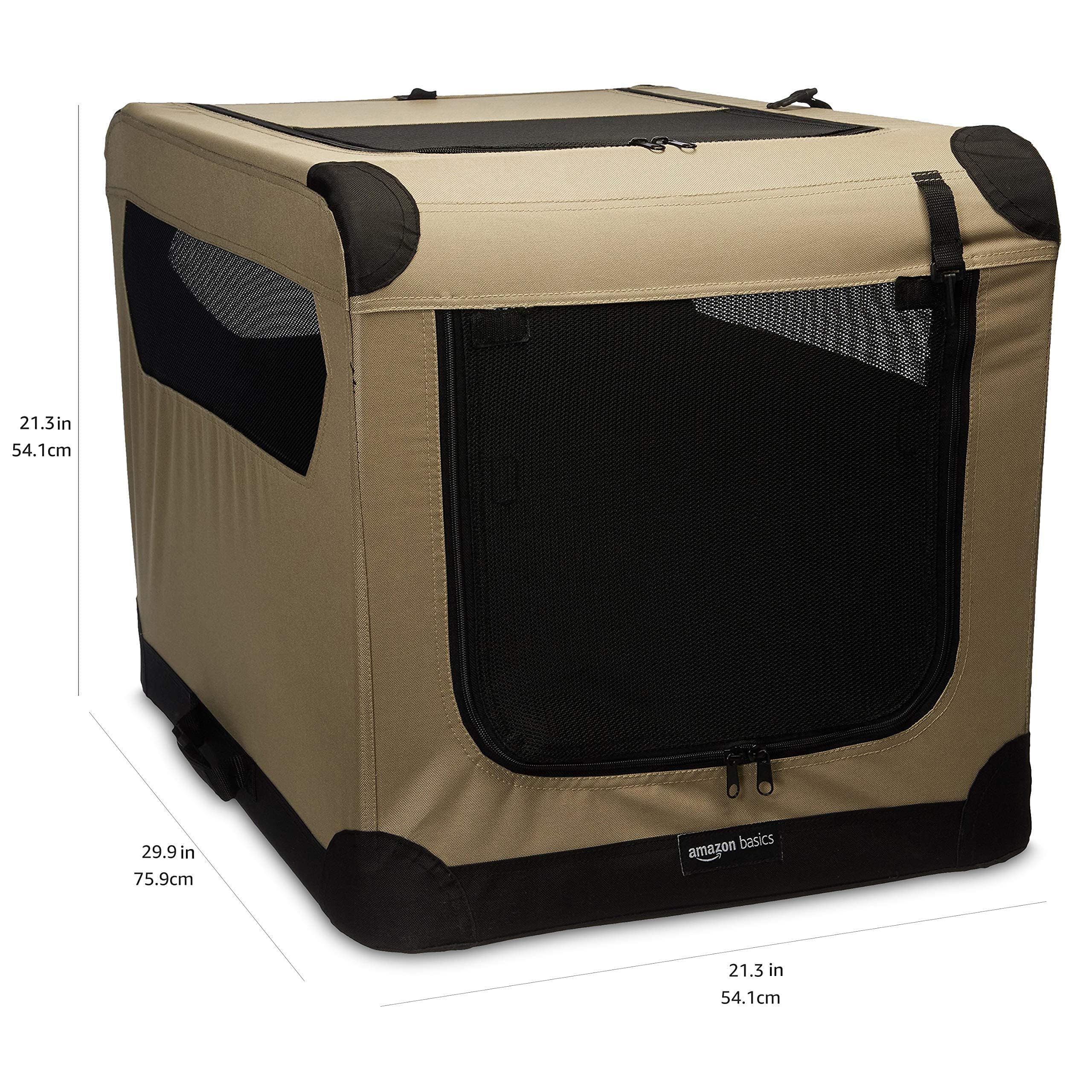 Cage amazon-basics pliable en tissu beige, rangement compact.
