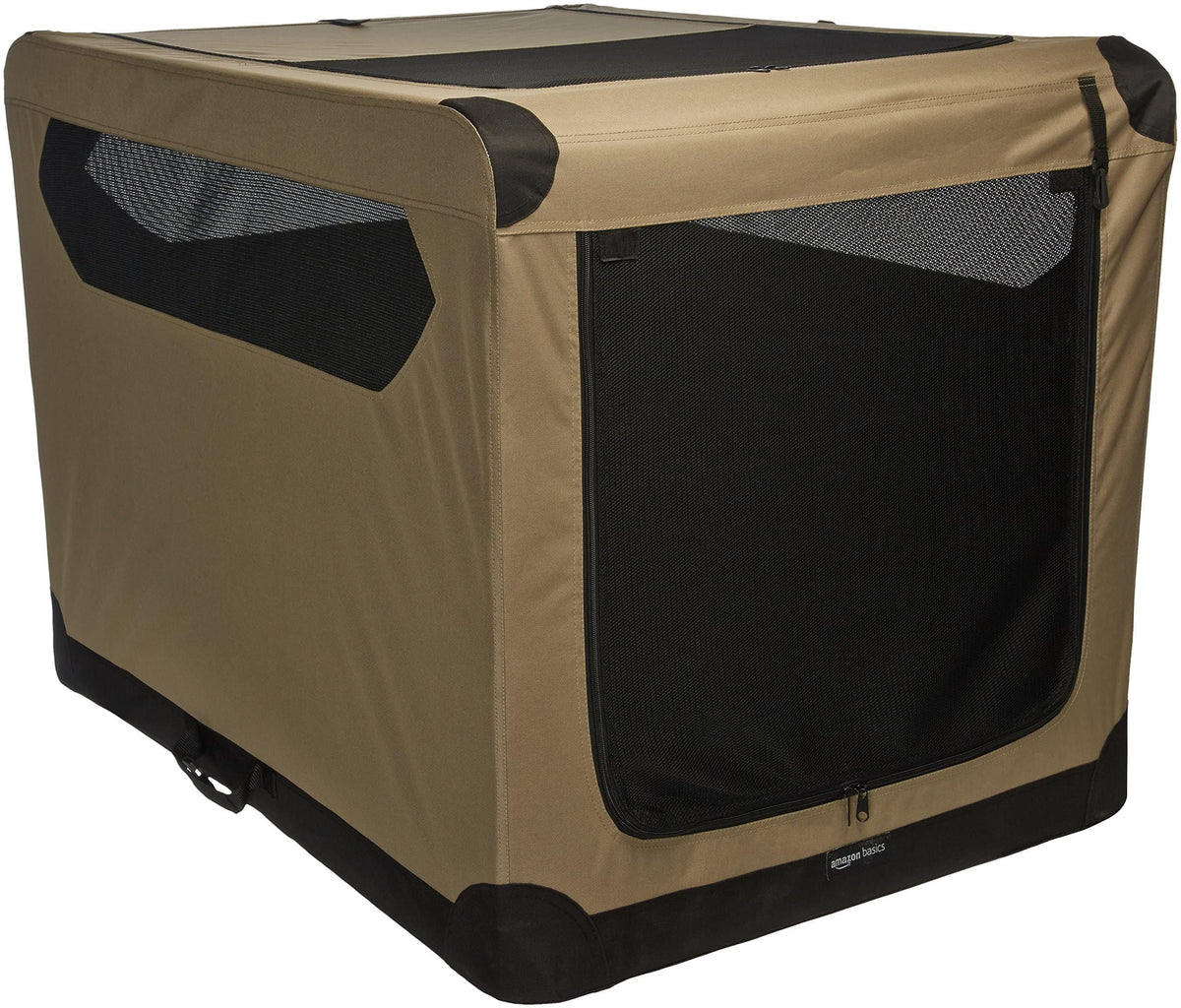 Caisse pour chien Amazon Basics douce et pliable avec portes doubles, idéale en voyage.