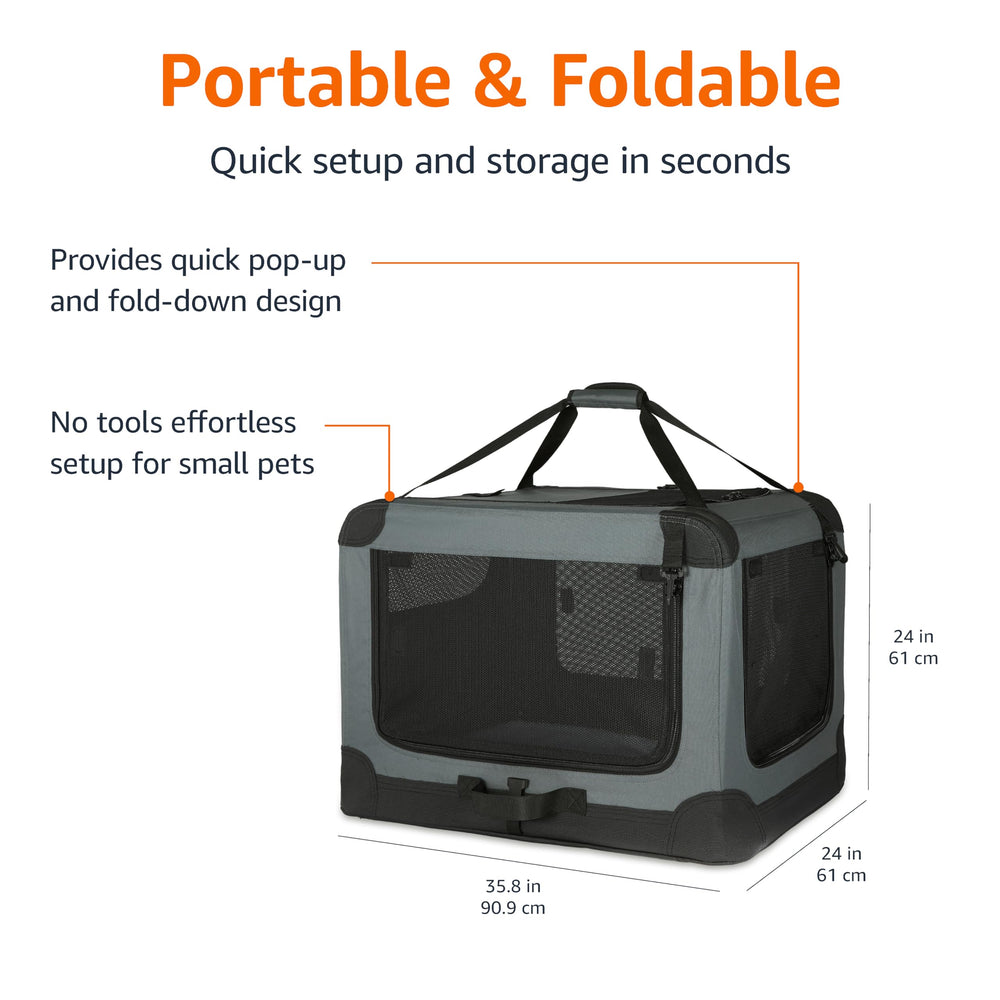 Poignee et sangle de transport du chenil Amazon Basics pour un déplacement simple.