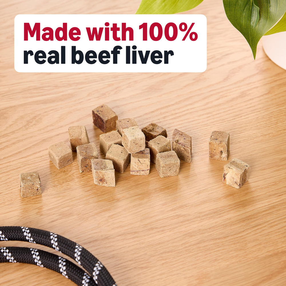 Texture crounante des friandises foie boeuf seche Amazon Basics pour chien.