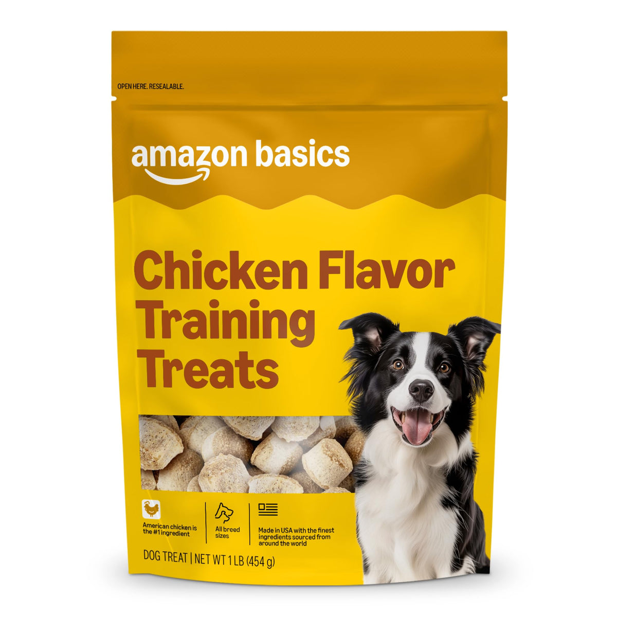 Friandises d'entraînement Amazon Basics au poulet américain, récompense savoureuse et pratique lors des entraînements.