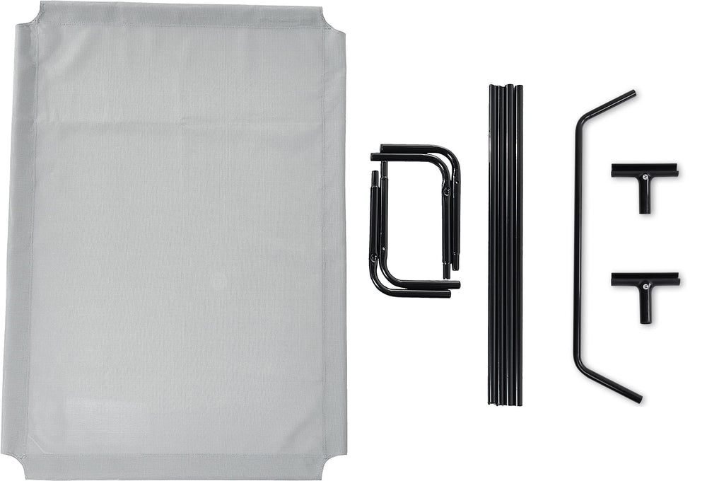 Amazon Basics lit pour chien élevé gris, cadre solide et base stable.