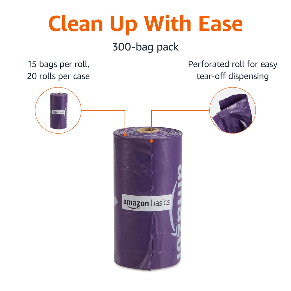 Rouleaux lavande Amazon Basics, 15 sacs par rouleau, déploiement rapide.