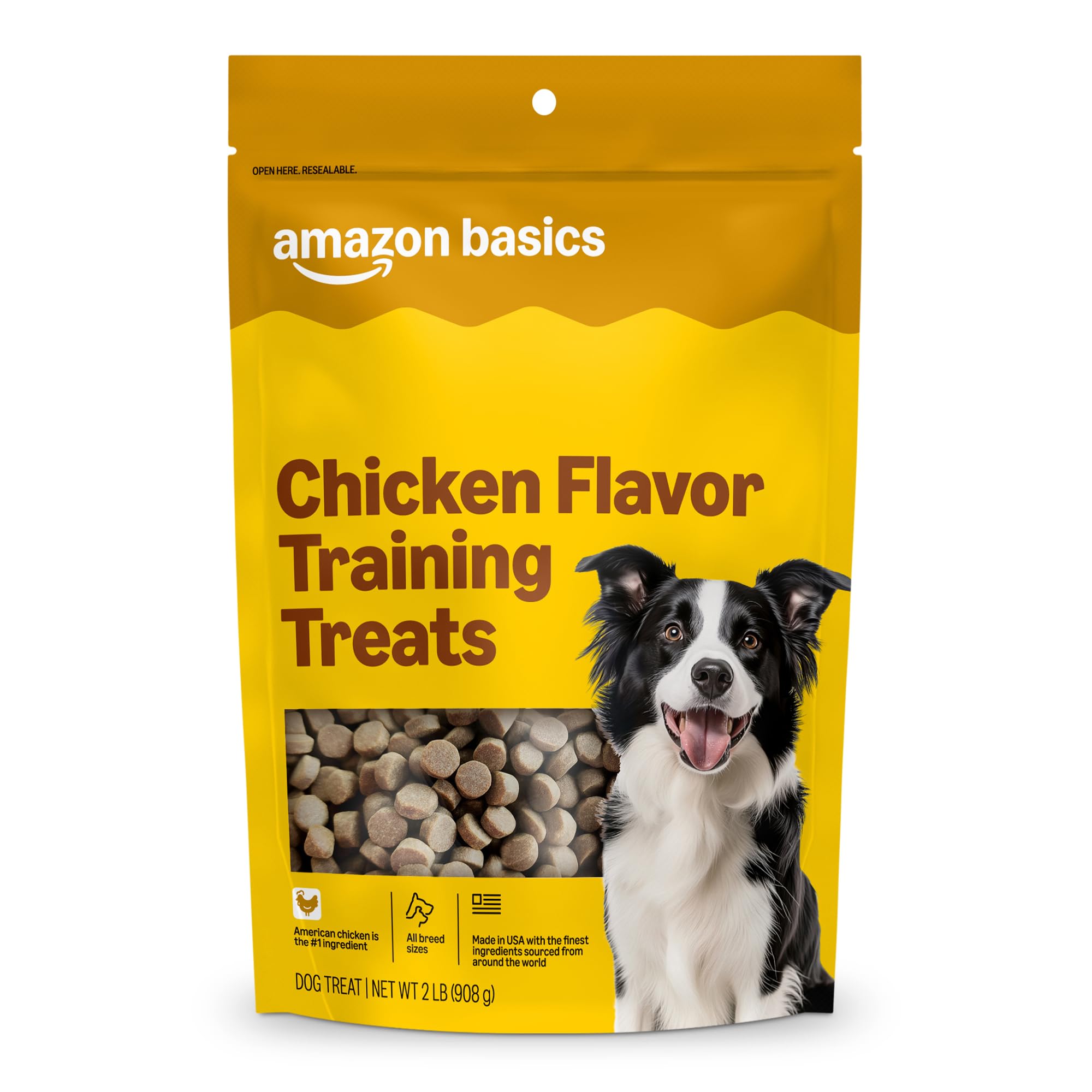Sachet Amazon Basics pour l’entraînement du chien au poulet, pratique et refermable.