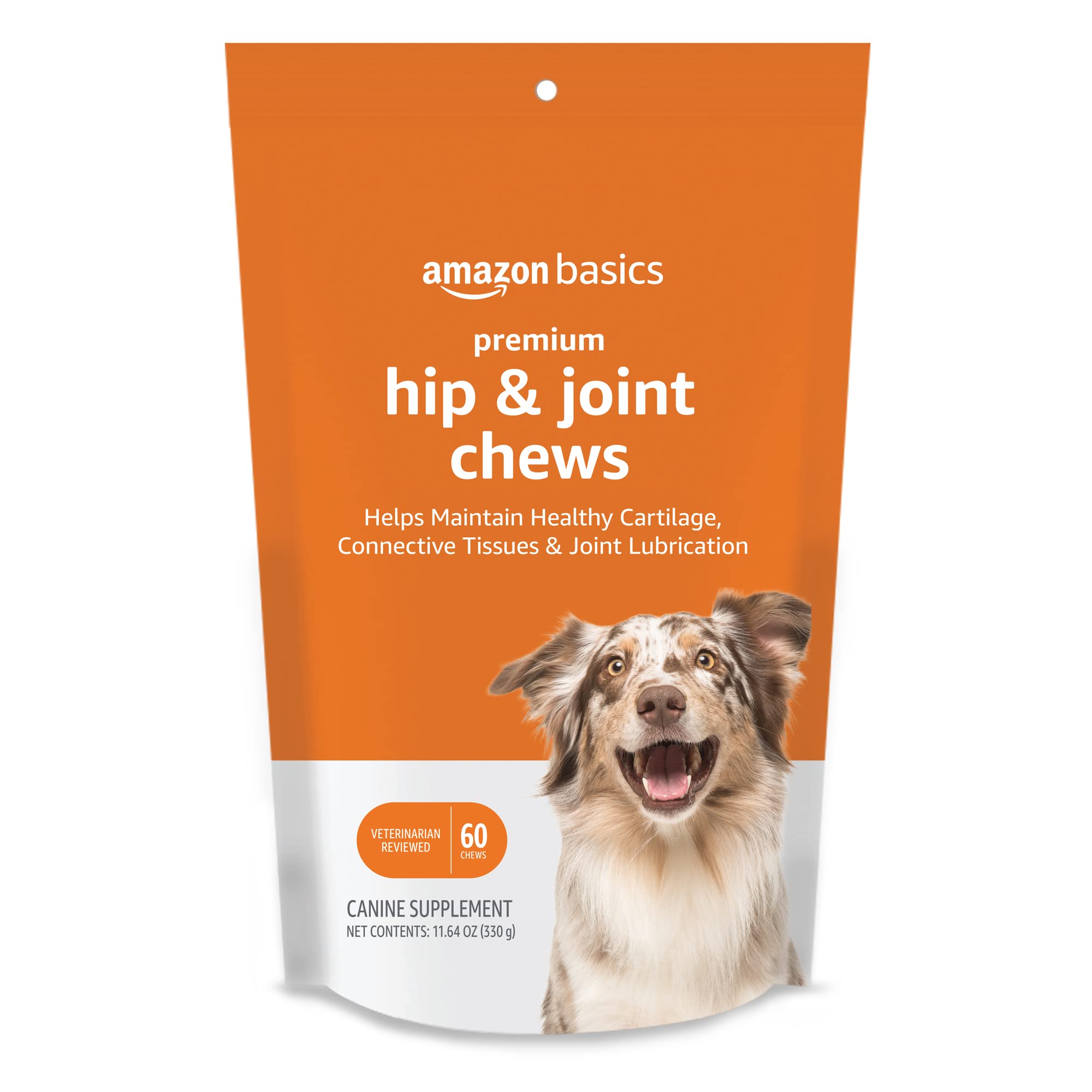 Emballage Amazon Basics, supplément chien articulations, soutien potentiel à la mobilité.