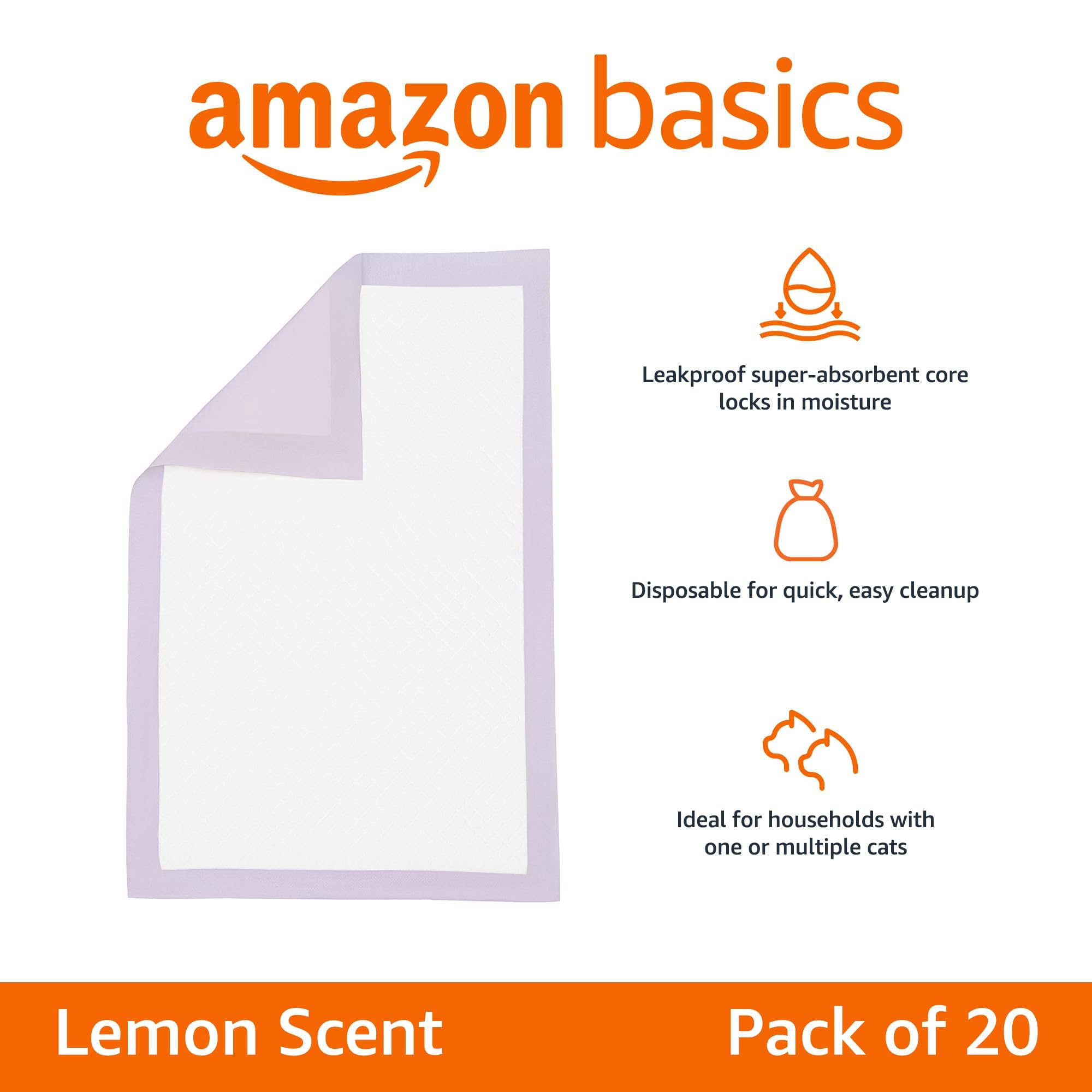 Amazon Basics tampons jetables pour litière citron, nettoyage rapide.