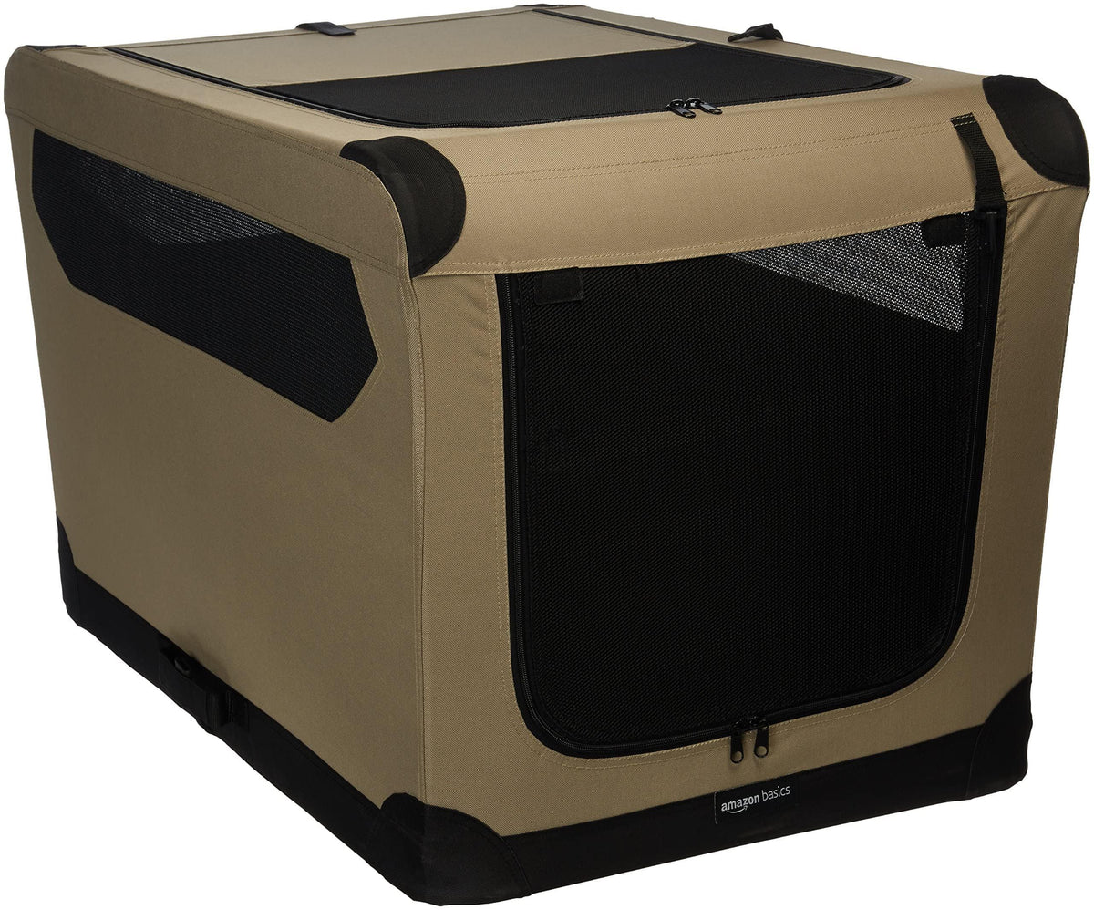 Amazon Basics boite-chien pliable avec porte double, accès facile et rangement pratique.
