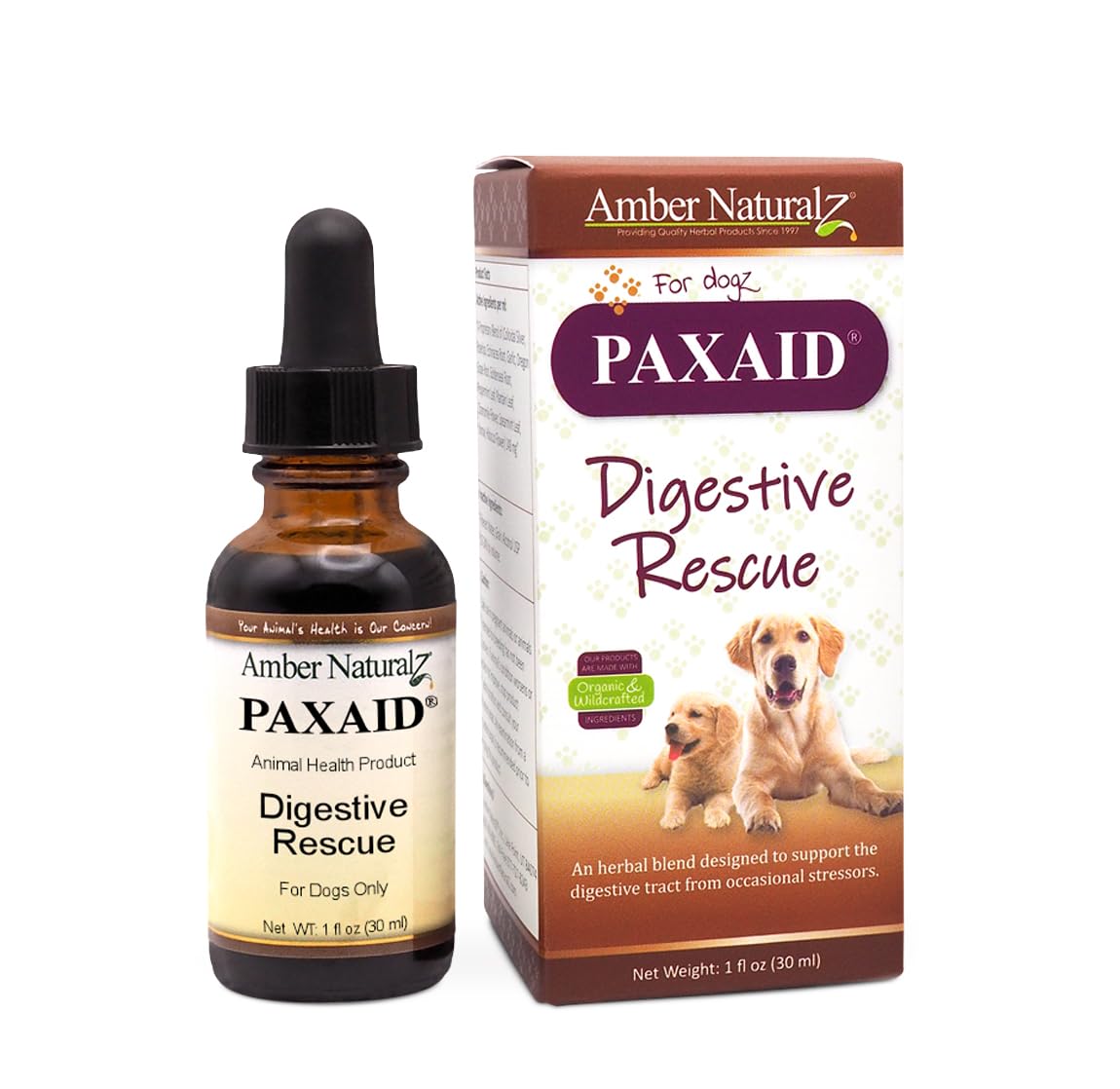 Amber NaturalZ Paxaid, bouteille pour chien, soutien digestif pratique lors des repas.