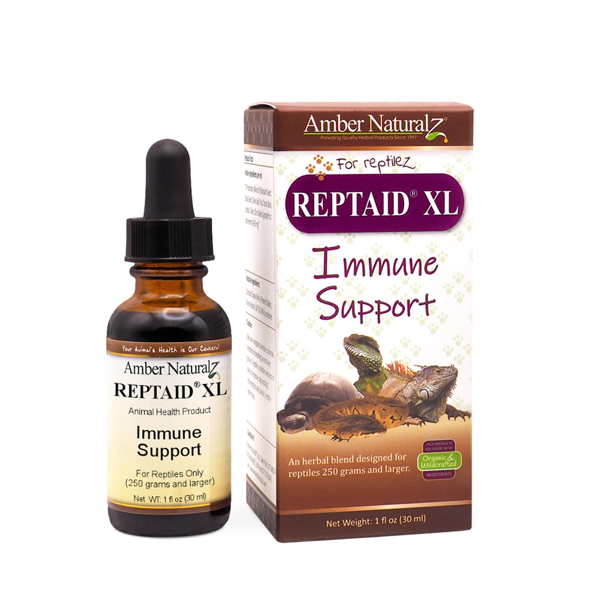 AMBER NATURALZ Reptaid XL: bouteille en verre de 1 oz pour reptiles de grande taille.