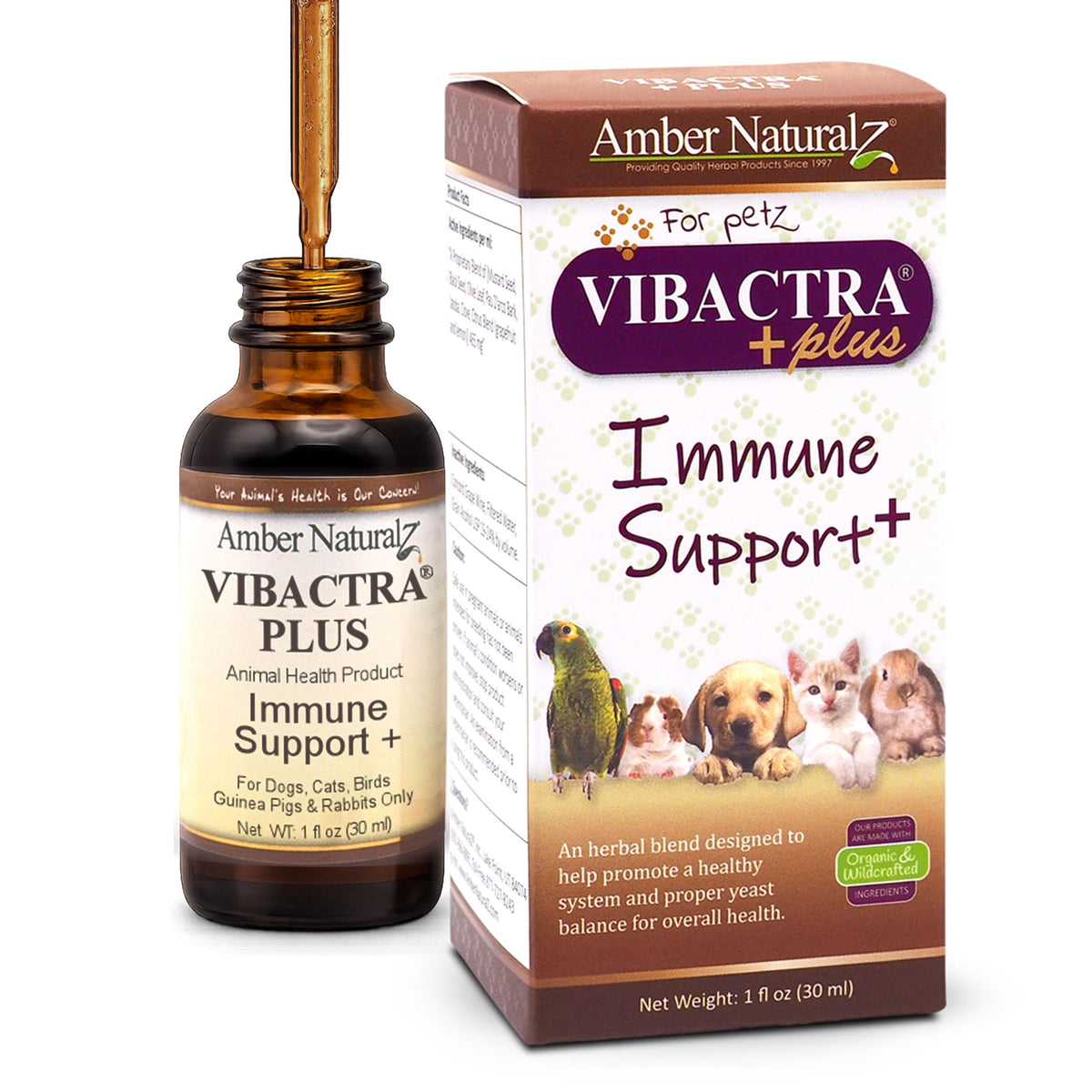 AMBER NATURALZ Vibactra Plus — bouteille en verre 1 oz prête pour animaux.