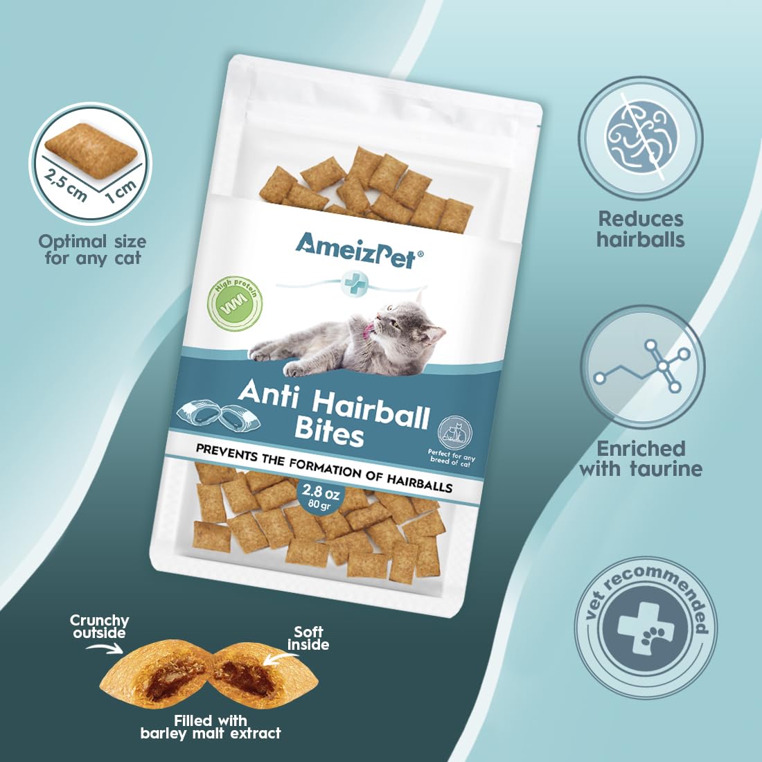 Friandise AmeizPet anti-boules, texture croustillante et goût attrayant pour chats.
