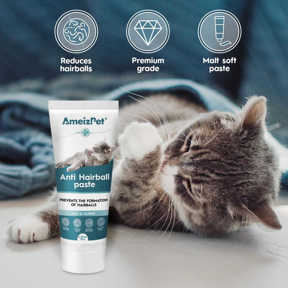 AmeizPet pâte malt chat, utilisation orale simple et pratique au quotidien.