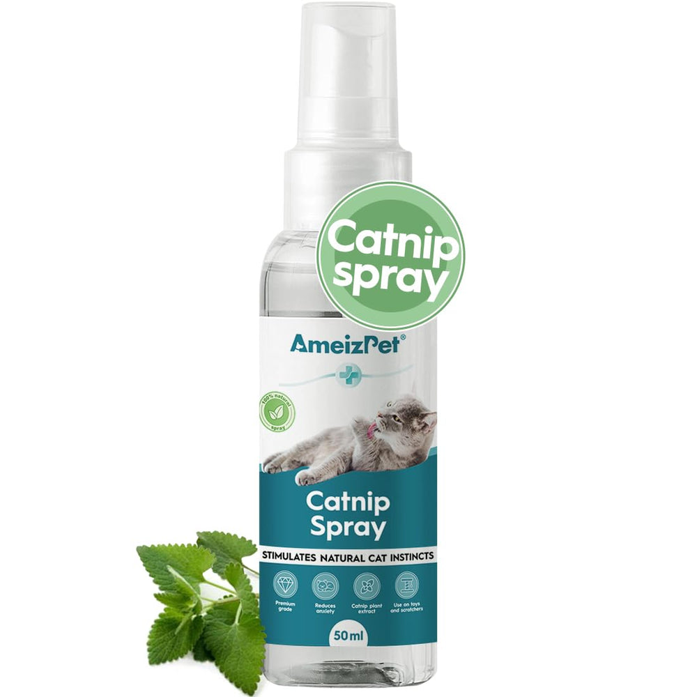 AmeizPet spray-herbe-chat-bouteille-50ml facilite le jeu et la curiosité du chat.