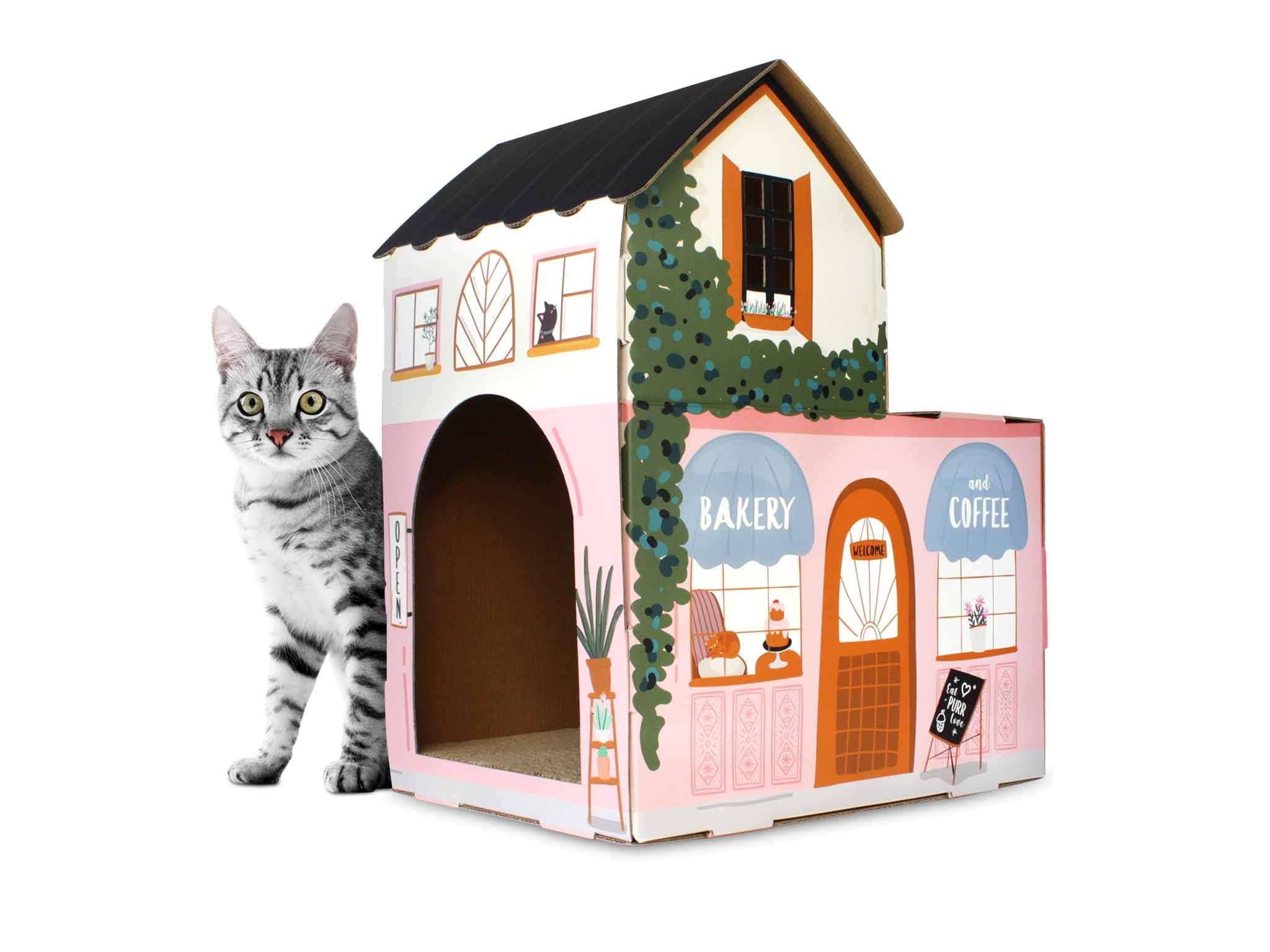 Maison-chat American Cat Club avec grattoir intérieur, endroit sûr pour jouer et se détendre.