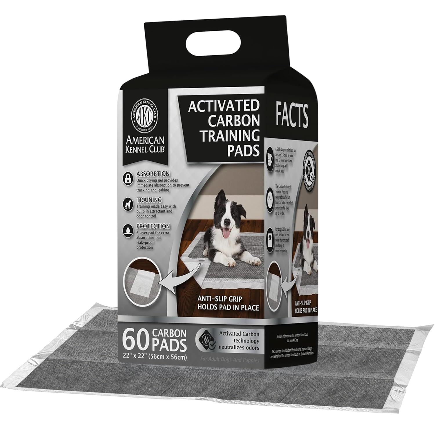 American Kennel Club tapis Charbon Actif 22x22 avec adhésif anti-glisse pour chiots