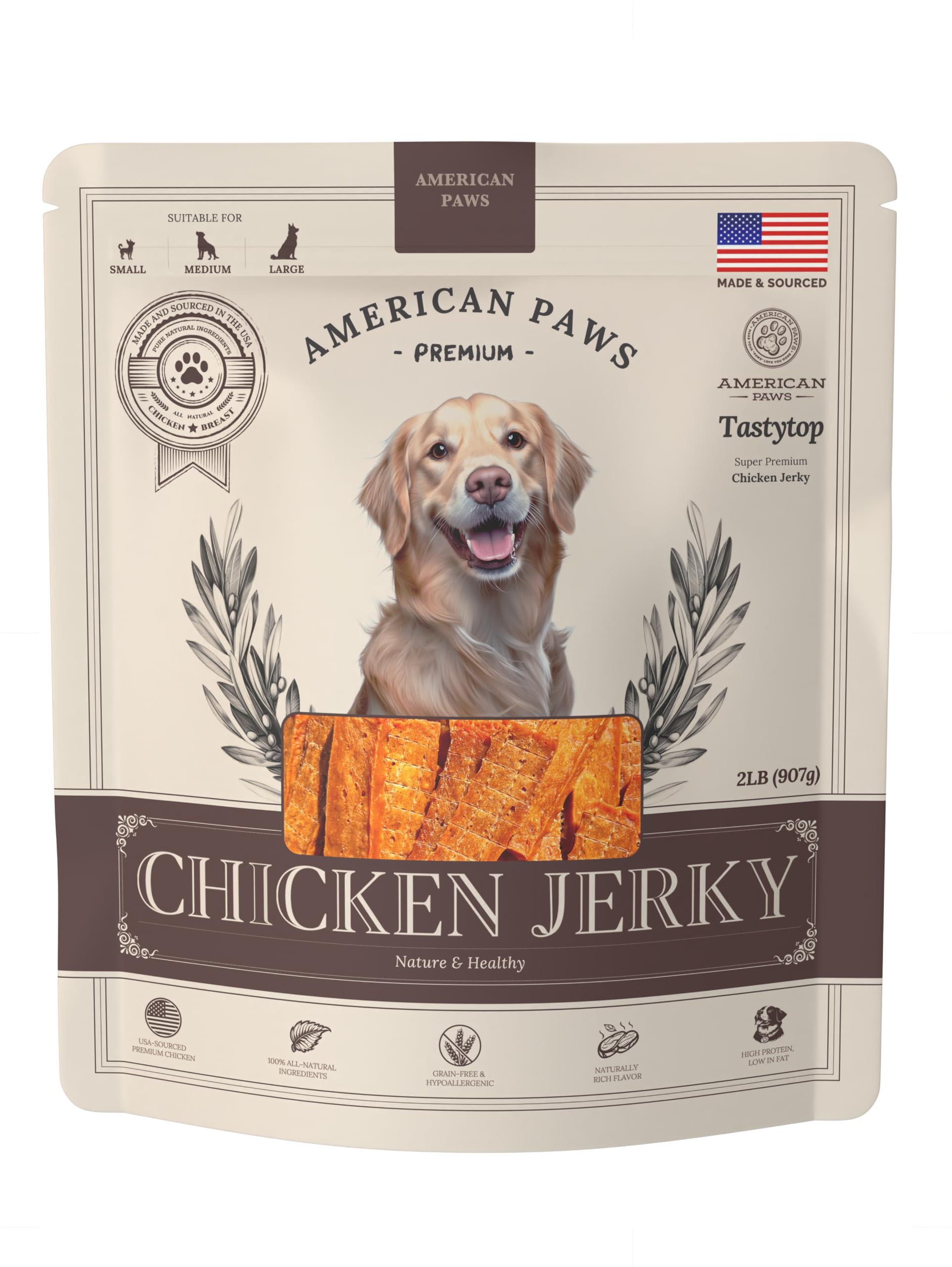 American Paws jerky poulet sans céréales, option naturelle pour chiens actifs.