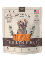American Paws jerky poulet sans céréales, option naturelle pour chiens actifs.