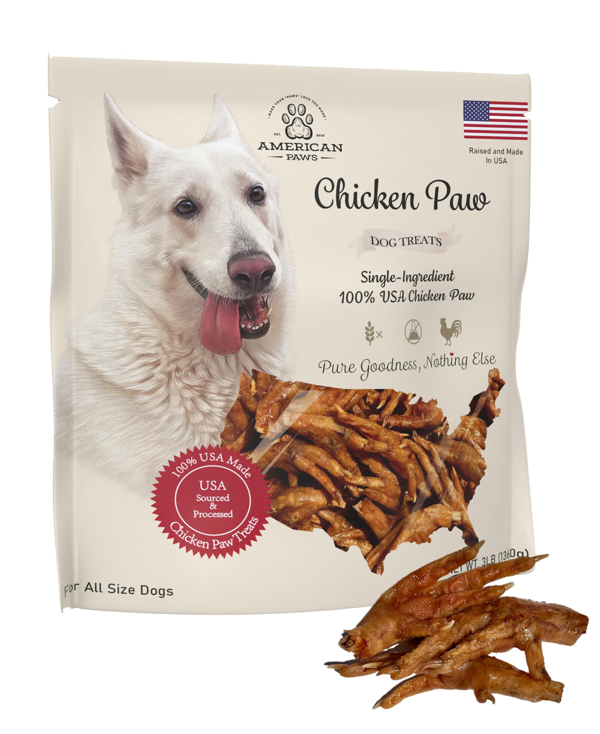 Emballage American Paws pattes poulet déshydratées, stockage facile.
