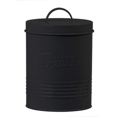Bocal rétro Amici Pet en métal noir mat pour friandises fraîches et bien rangées.