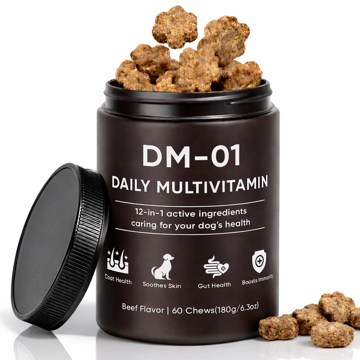 AMOQUCT DM-01 emballage et etiquette, bouchées faciles à administrer pour chiens.