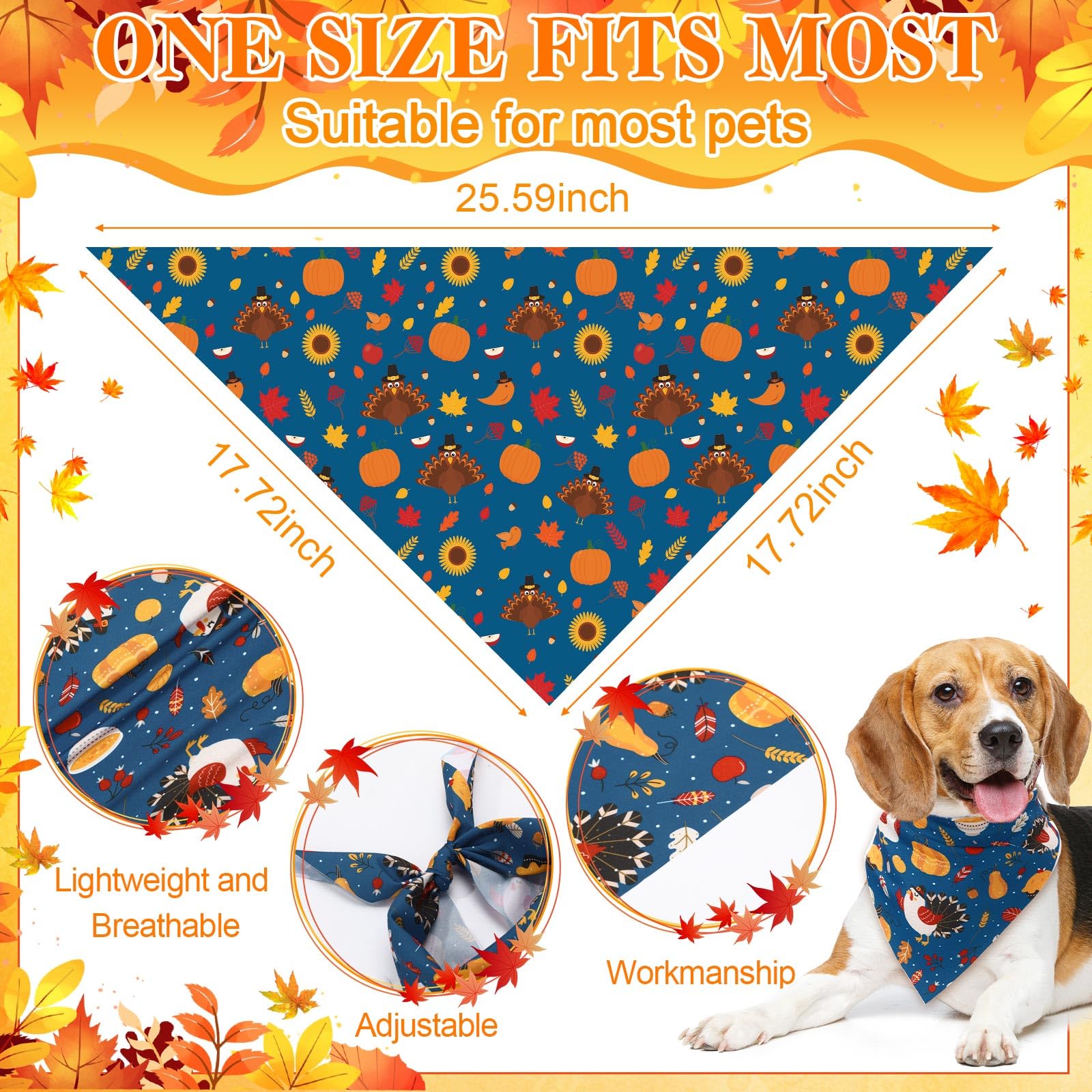 Bandanas Amylove designs variés automne, citrouille et feuilles, look festif pour chien.
