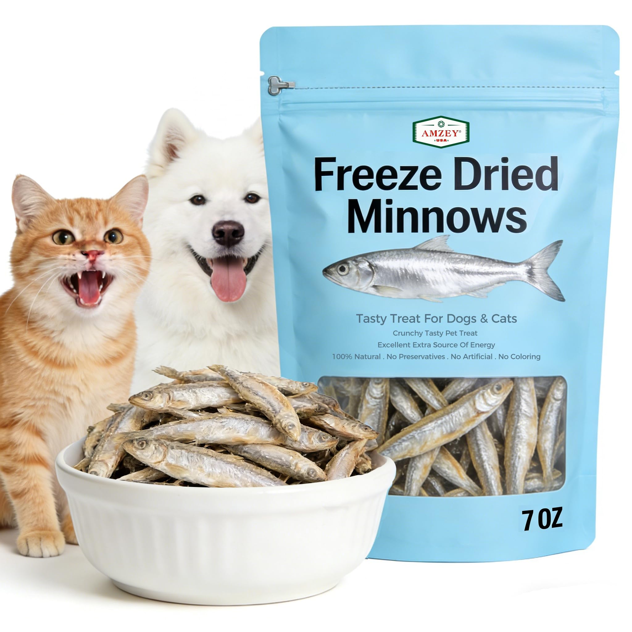 Friandises Amzey au sachet 7oz, poissons lyophilisés croquants pour chiens et chats, récompense idéale.