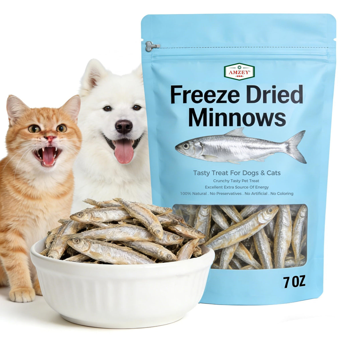 Friandises Amzey au sachet 7oz, poissons lyophilisés croquants pour chiens et chats, récompense idéale.