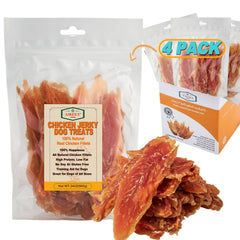 Friandise Amzey poulet jerky en sachets 4x, pratique pour les sorties et les récompenses.