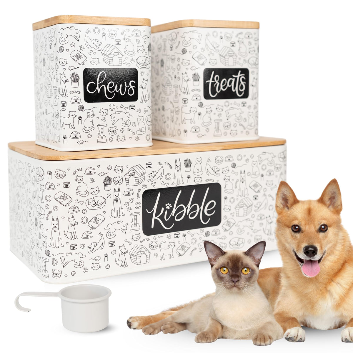 A&N Essentials ensemble-stockage-nourriture-animaux galvanisé avec couvercles en bambou pour conserver frais