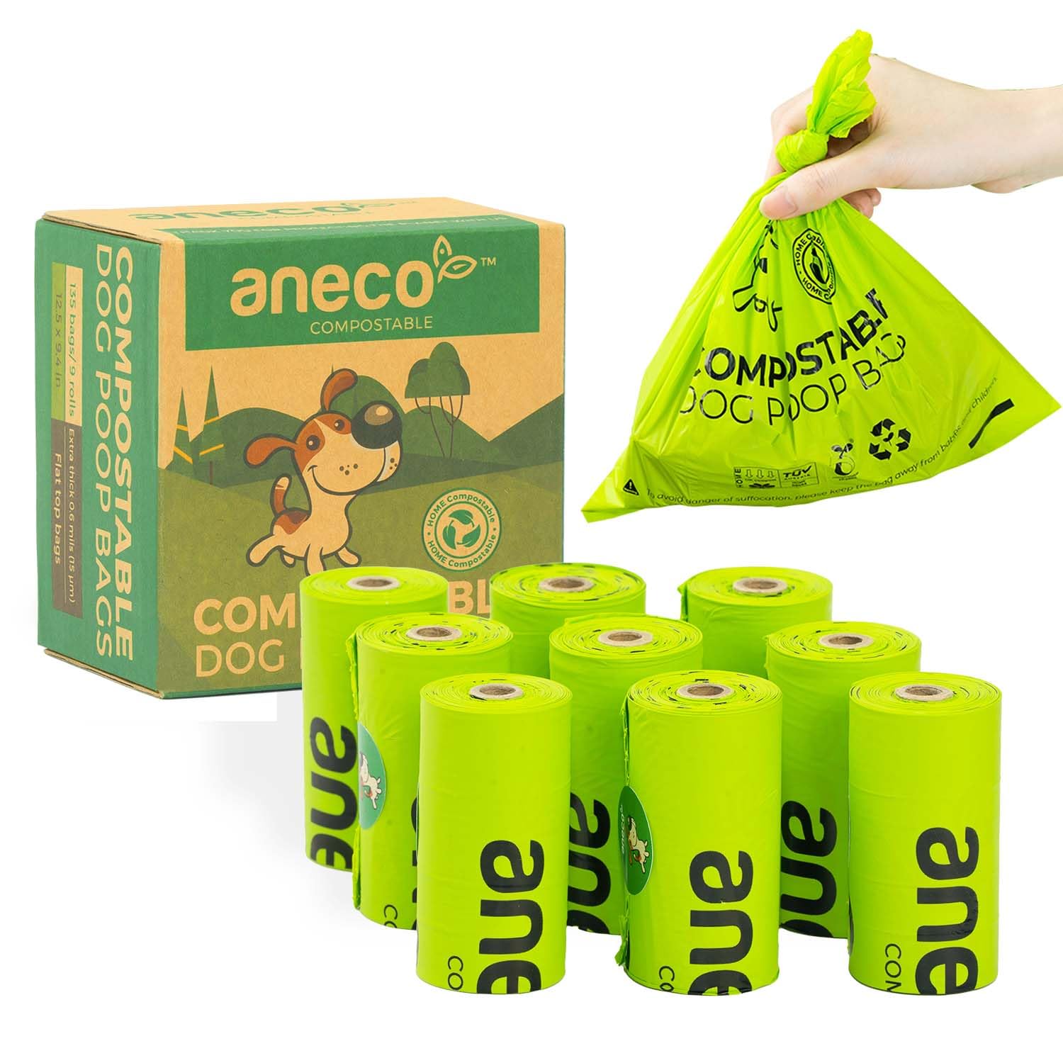 Sacs ANECO compostables, boîte de 135 sacs, pratique et écologique.