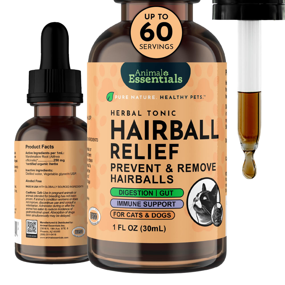 Hairball Relief d’Animal Essentials, la bouteille pratique pour le dosage facile.