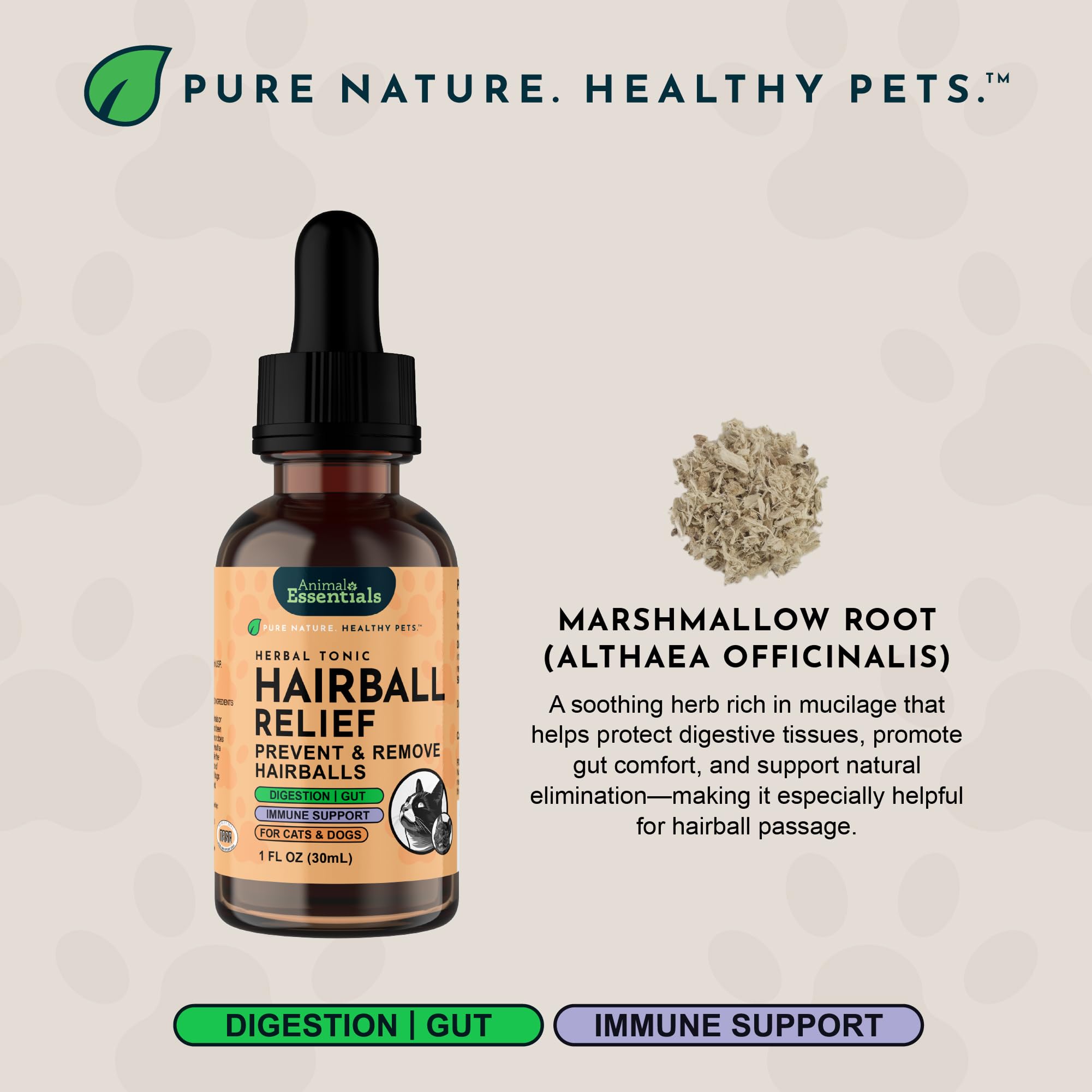 Hairball Relief d’Animal Essentials, soutient possible au passage des boules de poils.