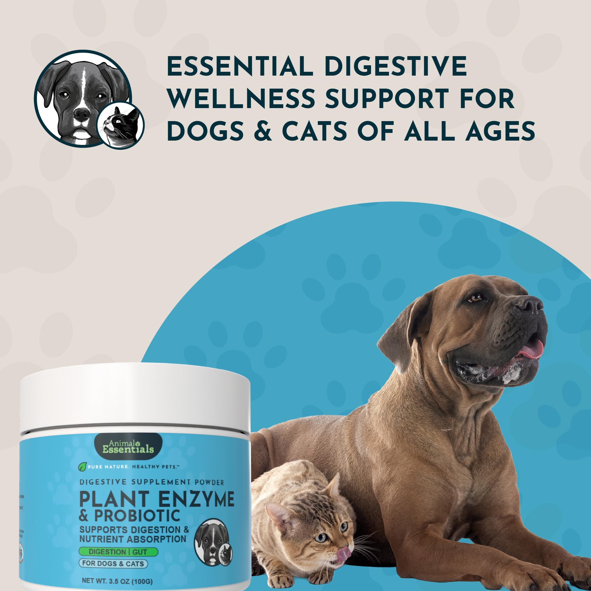 Animal Essentials image-ensemble enzymes-probiotiques, soutien potentiel à l'absorption des nutriments.
