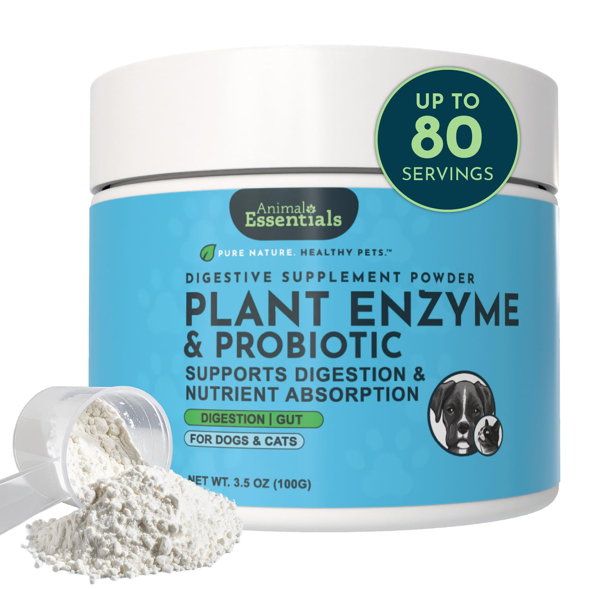 Animal Essentials poudre d'enzymes et probiotiques pour chiens et chats, digestion équilibrée.