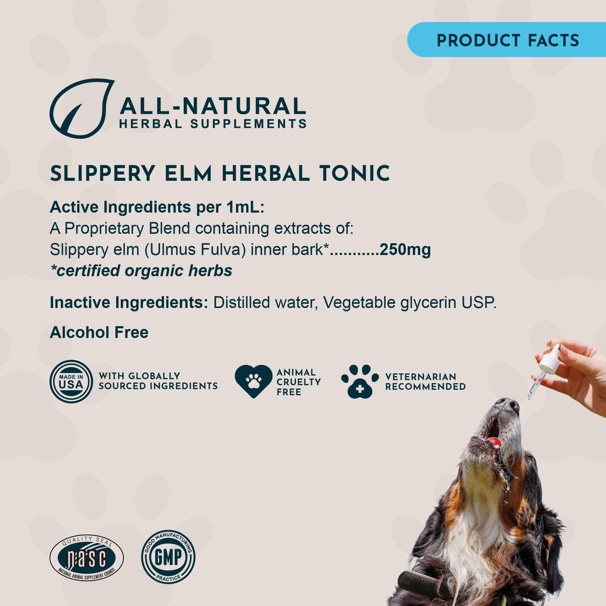 Dose recommandée affichée sur l’emballage – Animal Essentials Slippery Elm pour un soutien digestif.