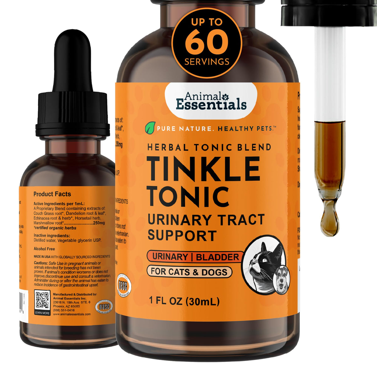 Animal Essentials Tinkle Tonic — bouteille, soutien quotidien des voies urinaires chez les chiens et chats.