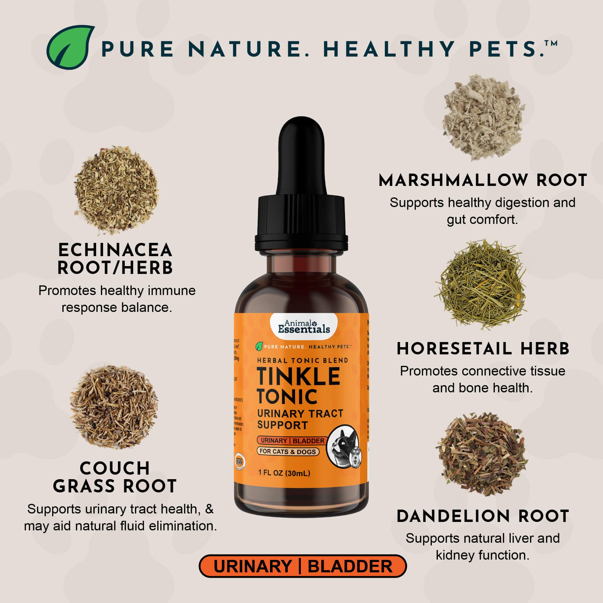 Animal Essentials Tinkle Tonic — étiquette claire sur la bouteille, info produit utile.