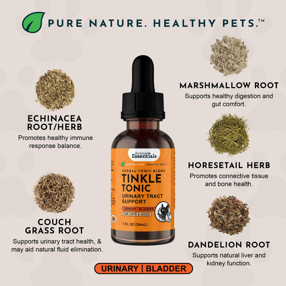 Étiquette Animal Essentials Tinkle Tonic avec ingrédients et conseils d’usage