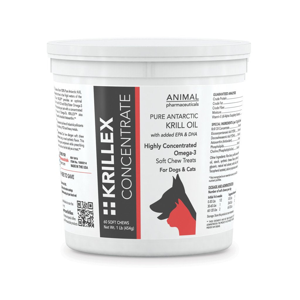 Animal Pharmaceuticals Krillex Concentrate sur la bouteille, soutien potentiel de la peau et du pelage sain.