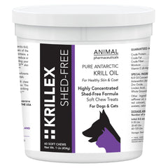 Krillex Shed-Free Chews d Animal Pharmaceuticals, bouchées fromage pour le pelage sain.