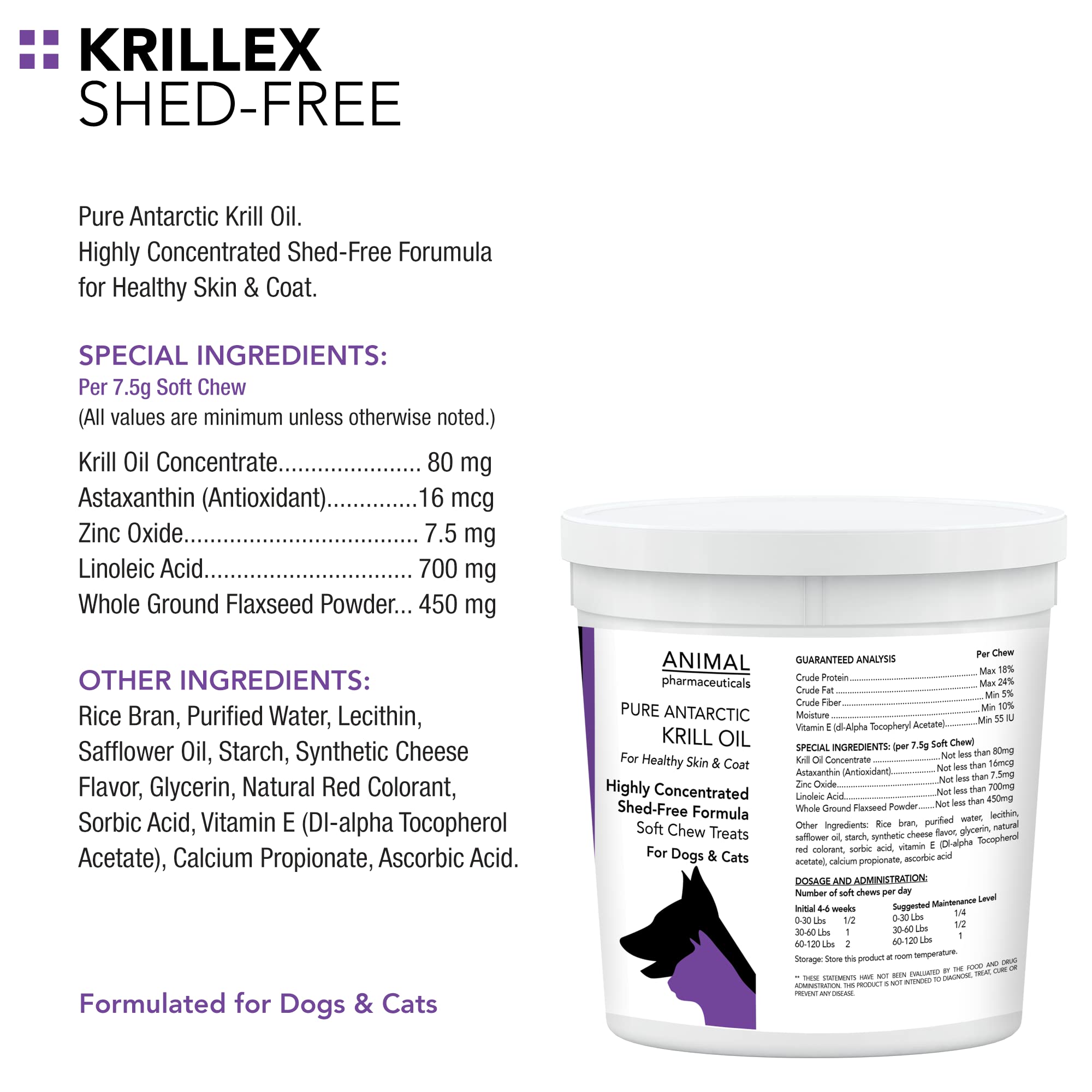 Emballage Krillex Shed-Free Chews Animal Pharmaceuticals, pratique et facile à utiliser.
