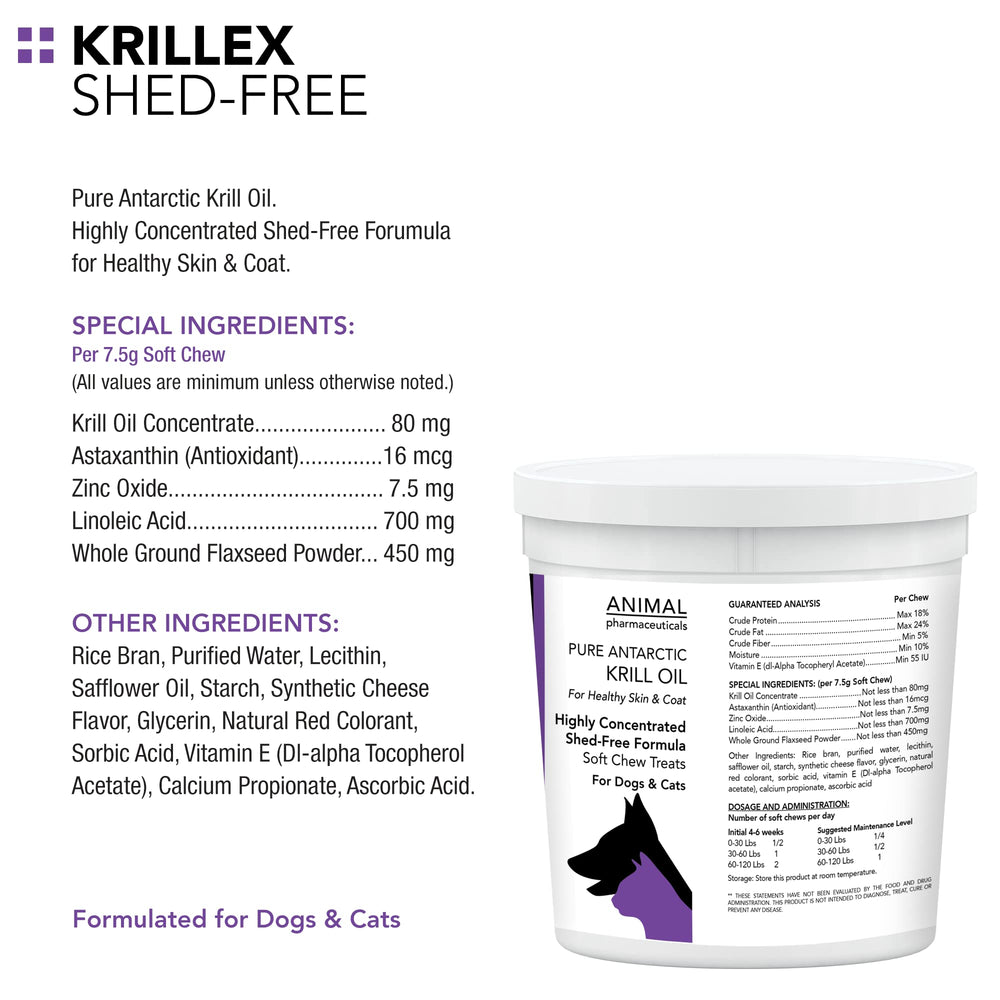 Emballage Krillex Shed-Free Chews Animal Pharmaceuticals, pratique et facile à utiliser.
