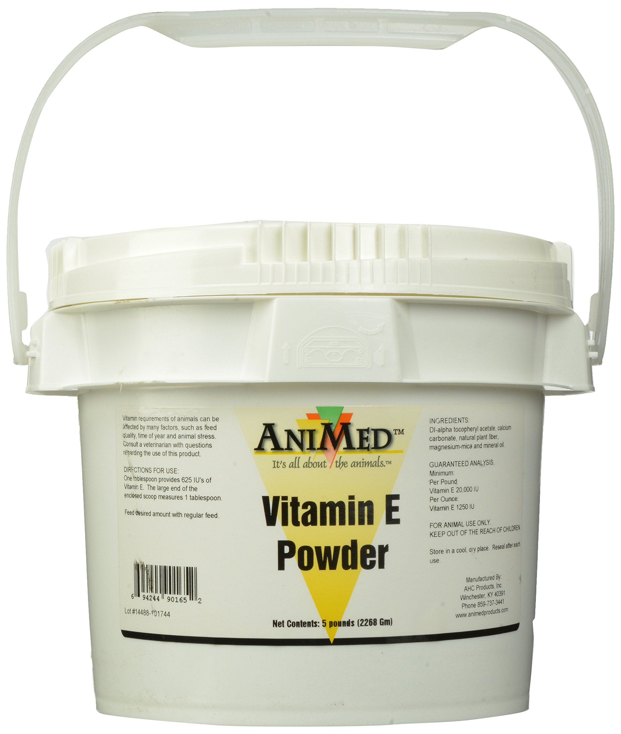 ANIMED Poudre vitamine E 5 livres: étiquette claire et dosage facile.